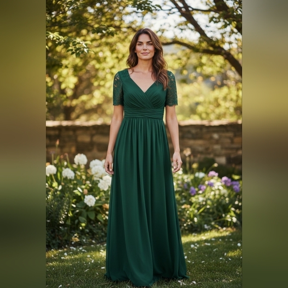 Lavetir Dresses & Skirts - Lavetir Bridesmaid Dresses Green V-neck Lace Sleeves Long Wedding Size 14 NWT